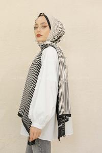 Modalamelif Siyah&Beyaz Baskılı Medine İpeği Şal Aritmik Desen