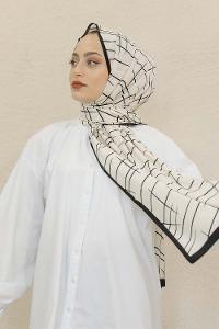 Modalamelif Siyah&Beyaz Baskılı Medine İpeği Şal Brush Desen