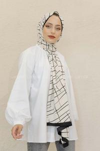 Modalamelif Siyah&Beyaz Baskılı Medine İpeği Şal Brush Desen