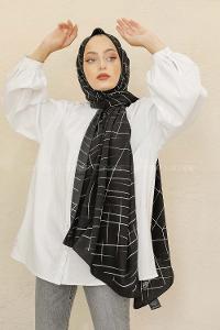 Modalamelif Siyah&Beyaz Baskılı Medine İpeği Şal Çizgi Desen