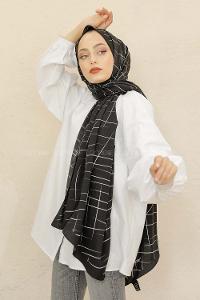 Modalamelif Siyah&Beyaz Baskılı Medine İpeği Şal Çizgi Desen