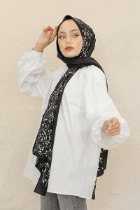 Modalamelif Siyah&Beyaz Baskılı Medine İpeği Şal Dal Desen