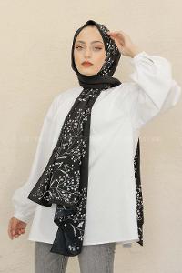 Modalamelif Siyah&Beyaz Baskılı Medine İpeği Şal Dal Desen