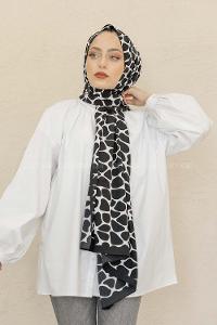 Modalamelif Siyah&Beyaz Baskılı Medine İpeği Şal Dama Desen