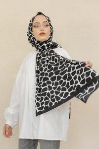 Modalamelif Siyah&Beyaz Baskılı Medine İpeği Şal Dama Desen