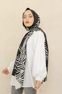 Modalamelif Siyah&Beyaz Baskılı Medine İpeği Şal Fire Desen