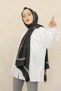 Modalamelif Siyah&Beyaz Baskılı Medine İpeği Şal Rope Desen