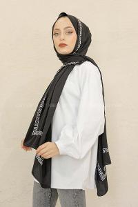 Modalamelif Siyah&Beyaz Baskılı Medine İpeği Şal Rope Desen