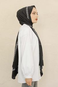 Modalamelif Siyah&Beyaz Baskılı Medine İpeği Şal Rope Desen