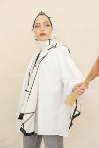 Modalamelif Siyah&Beyaz Baskılı Medine İpeği Şal Toana Desen