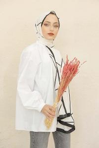 Modalamelif Siyah&Beyaz Baskılı Medine İpeği Şal Toana Desen