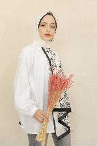 Modalamelif Siyah&Beyaz Baskılı Medine İpeği Şal Tomurcuk Desen