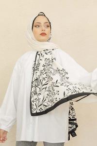 Modalamelif Siyah&Beyaz Baskılı Medine İpeği Şal Tomurcuk Desen