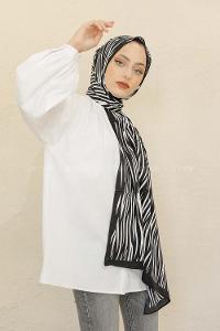 Modalamelif Siyah&Beyaz Baskılı Medine İpeği Şal Voilet Desen