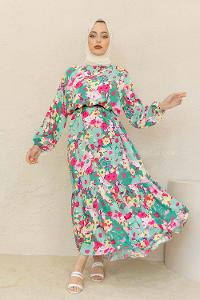 Modalamelif Balon Kol Çiçek Desen Elbise Çağla