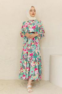 Modalamelif Balon Kol Çiçek Desen Elbise Çağla