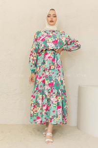 Modalamelif Balon Kol Çiçek Desen Elbise Çağla