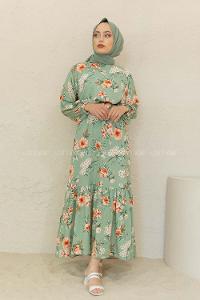 Modalamelif Balon Kol Çiçek Desen Elbise Çağla