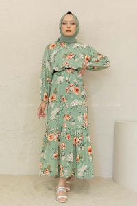 Modalamelif Balon Kol Çiçek Desen Elbise Çağla