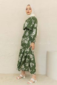 Modalamelif Balon Kol Çiçek Desen Elbise Ekru Haki