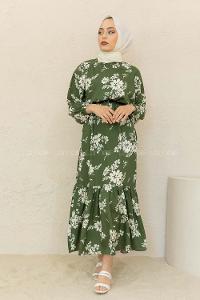 Modalamelif Balon Kol Çiçek Desen Elbise Ekru Haki