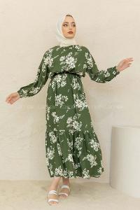 Modalamelif Balon Kol Çiçek Desen Elbise Ekru Haki