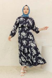 Modalamelif Balon Kol Çiçek Desen Elbise Siyah Beyaz