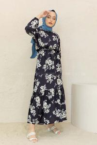 Modalamelif Balon Kol Çiçek Desen Elbise Siyah Beyaz