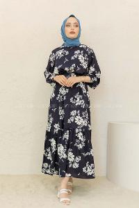 Modalamelif Balon Kol Çiçek Desen Elbise Siyah Beyaz