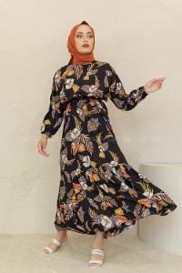 Modalamelif Balon Kol Çiçek Desen Elbise Siyah Kiremit