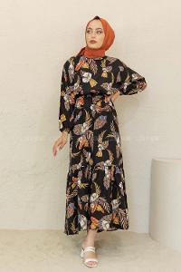 Modalamelif Balon Kol Çiçek Desen Elbise Siyah Kiremit