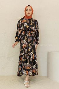 Modalamelif Balon Kol Çiçek Desen Elbise Siyah Kiremit