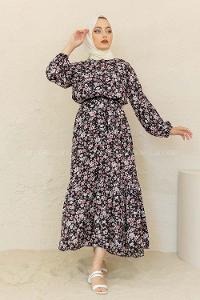 Modalamelif Balon Kol Minimal Çiçek  Elbise Siyah Kırmızı