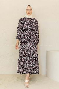 Modalamelif Balon Kol Minimal Çiçek  Elbise Siyah Kırmızı