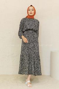 Modalamelif Balon Kol Şal Desen Elbise Siyah