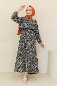 Modalamelif Balon Kol Şal Desen Elbise Siyah