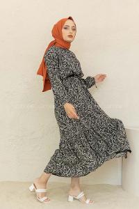 Modalamelif Balon Kol Şal Desen Elbise Siyah