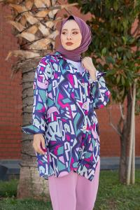 Modalamelif  Etnik Desen Gömlek Mor