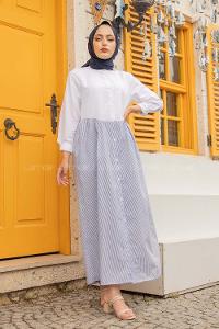 Modalamelif Hakim Yaka Çizgili Elbise Saks Mavisi