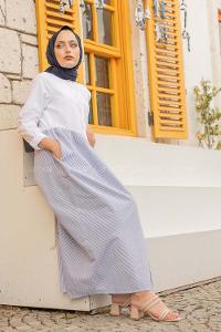 Modalamelif Hakim Yaka Çizgili Elbise Saks Mavisi