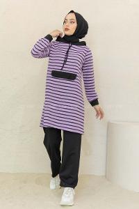 Modalamelif Kanguru Cep Çizgili İkili Takım Lila