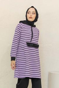 Modalamelif Kanguru Cep Çizgili İkili Takım Lila