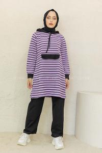 Modalamelif Kanguru Cep Çizgili İkili Takım Lila