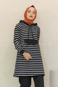 Modalamelif Kanguru Cep Çizgili İkili Takım Siyah