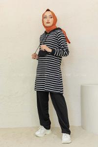 Modalamelif Kanguru Cep Çizgili İkili Takım Siyah