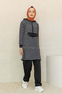 Modalamelif Kanguru Cep Çizgili İkili Takım Siyah