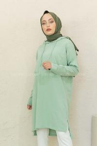Modalamelif Kapşonlu Düz Renk Tunik Çağla