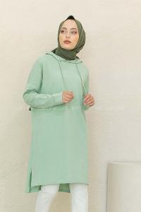 Modalamelif Kapşonlu Düz Renk Tunik Çağla