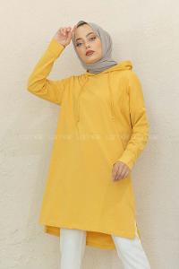 Modalamelif Kapşonlu Düz Renk Tunik Hardal Sarısı