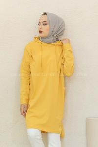 Modalamelif Kapşonlu Düz Renk Tunik Hardal Sarısı